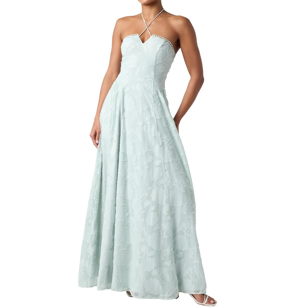 NWT Lulus Sedona Light Blue Floral Burnout Lace Back Halter Maxi Dress Small